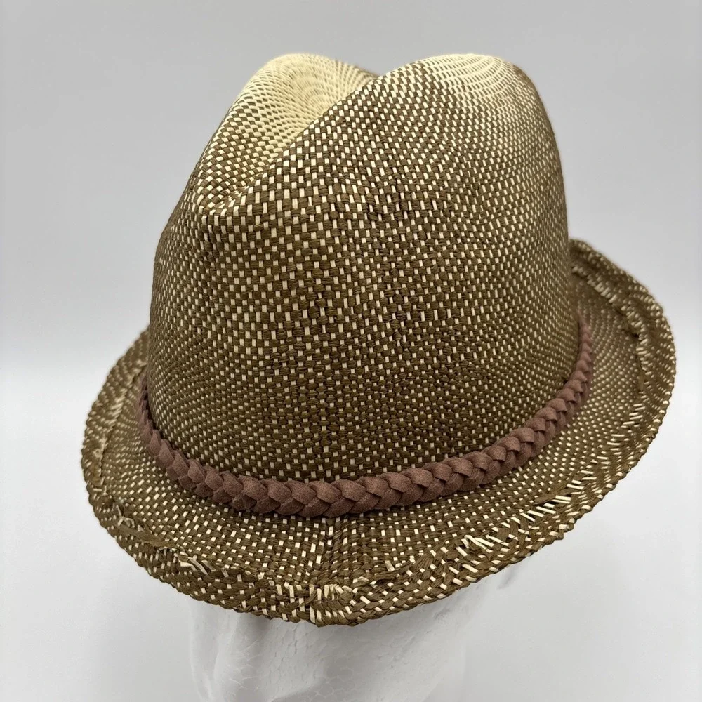 True Religion Jeans Paper Straw Fedora Hat Small/Medium Distressed Leather NWT